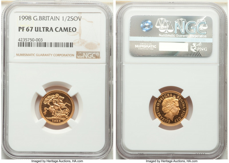 Elizabeth II gold Proof 1/2 Sovereign 1998 PR67 Ultra Cameo NGC, KM1001. AGW 0.1...