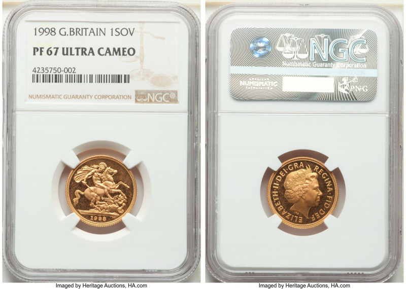 Elizabeth II gold Proof Sovereign 1998 PR67 Ultra Cameo NGC, KM1002. Mintage: 10...