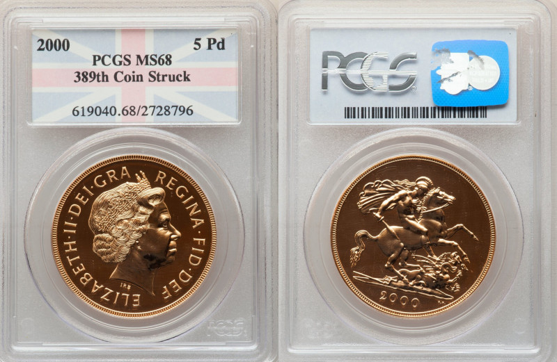 Elizabeth II gold 5 Pounds 2000 MS68 PCGS, KM1003. 389th Coin Struck. AGW 1.1775...