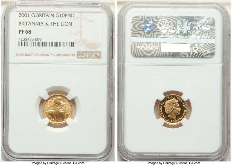 Elizabeth II gold Proof "Britannia & The Lion" 10 Pounds (1/10 oz) 2001 PR68 NGC...