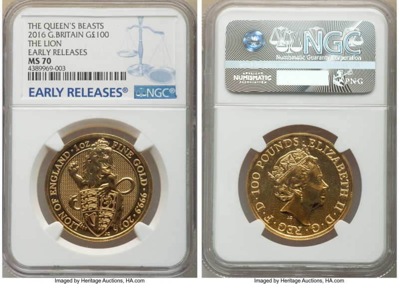 Elizabeth II gold "The Lion" 100 Pounds (1 oz) 2016 MS70 NGC, KM-Unl., S-QBCGB1....