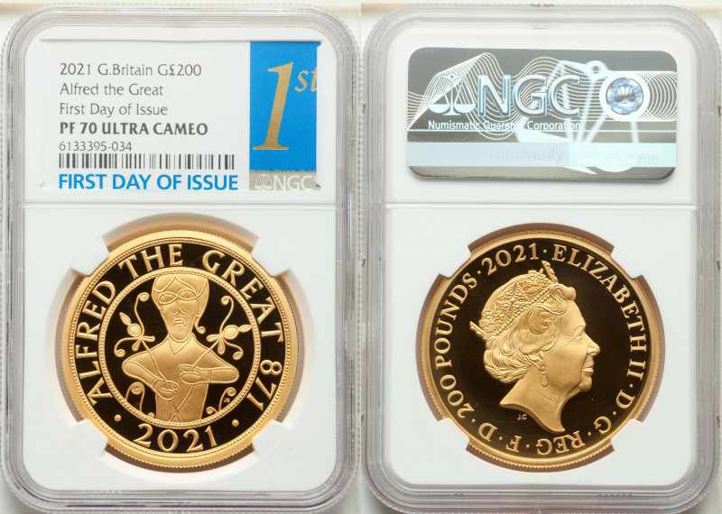 Elizabeth II gold Proof "Alfred the Great" 200 Pounds 2021 PR70 Ultra Cameo NGC,...