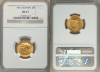 Franz Joseph II gold 25 Franken 1956 MS64 NGC, Bern mint, KM-Y15. Mintage: 17,000. AGW 0.1633 oz. 

HID09801242017

© 2022 Heritage Auctions | All Rig...