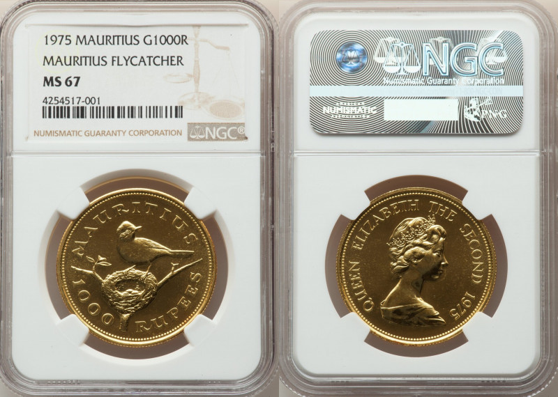 British Colony. Elizabeth II gold "Flycatcher" 1000 Rupees 1975 MS67 NGC, KM42. ...