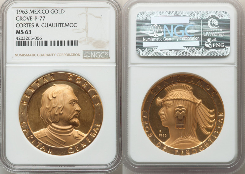 Estados Unidos gold Medallic "Cortes & Cuauhtemoc" 50 Pesos 1963 MS63 NGC, Grove...