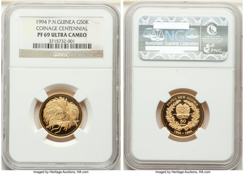 Constitutional Monarchy gold Proof "Bird of Paradise Centennial" 50 Kina 1994 PR...