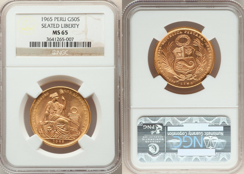 Republic gold 50 Soles 1965 MS65 NGC, Lima mint, KM230. Mintage: 23,000. AGW 0.6...