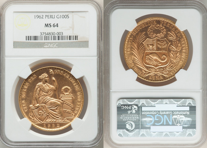 Republic gold 100 Soles 1962 MS64 NGC, Lima mint, KM231. Mintage: 9,678. AGW 1.3...