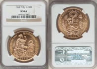 Republic gold 100 Soles 1963 MS65 NGC, Lima mint, KM231. Mintage: 7,342. AGW 1.3544 oz. 

HID09801242017

© 2022 Heritage Auctions | All Rights Reserv...