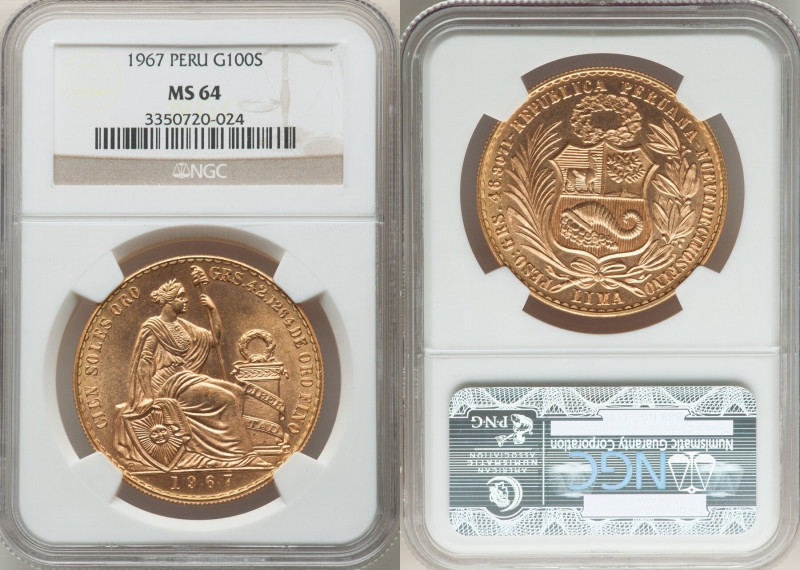 Republic gold 100 Soles 1967 MS64 NGC, Lima mint, KM231. Mintage: 6,431. AGW 1.3...