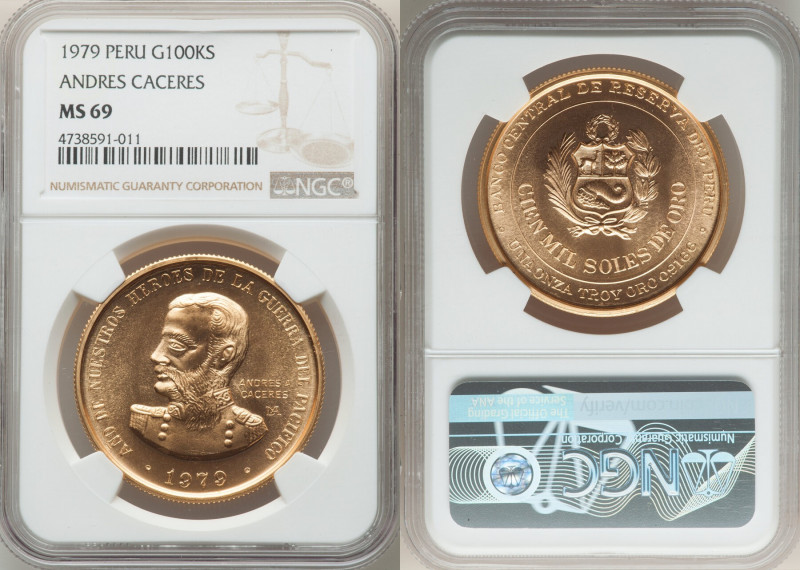 Republic gold "Andres Caceres" 100000 Soles 1979-LM MS69 NGC, Lima mint, KM281. ...