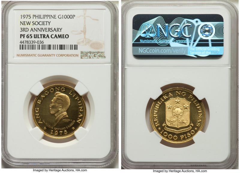 Republic gold Proof 1000 Piso 1975 PR65 Ultra Cameo NGC, KM213. 3rd Anniversary ...