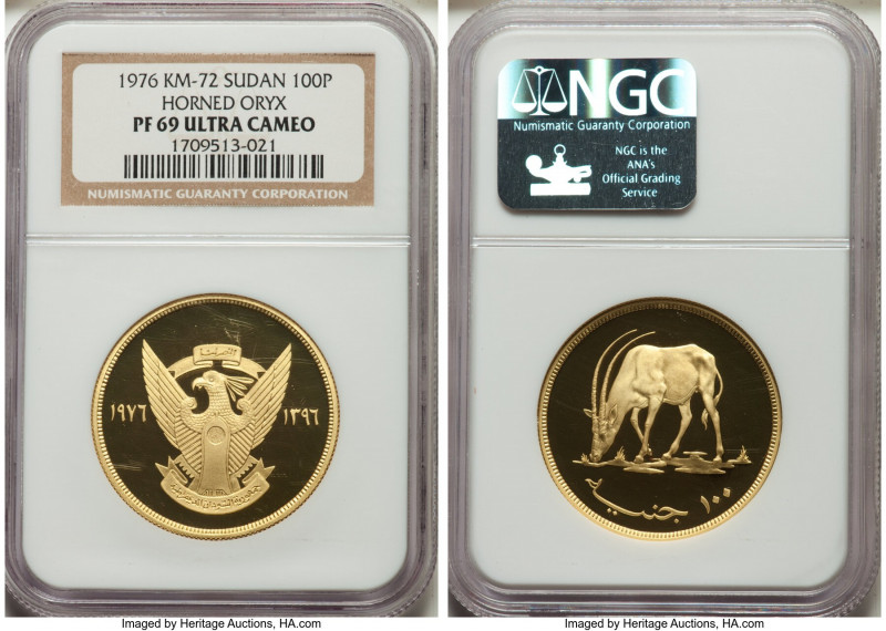 Republic gold Proof "Horned Oryx" 100 Pounds 1976 PR69 Ultra Cameo NGC, KM72. Mi...