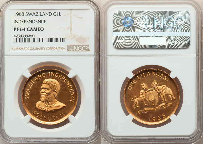 Sobhuza II gold Proof "Independence" Lilangeni 1968 PR64 Cameo NGC, KM6, Fr-1. M...