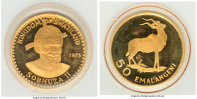 Sobhuza II gold Proof "King Sobhuza II - 75th Birthday" 50 Emalangeni 1975 UNC, KM26. 20cm. 4.31gm. Mintage: 3,262. Sold with original case of issue a...