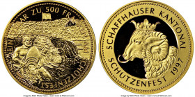 Confederation gold Proof "Schaffhausen Shooting Festival" 500 Francs 1997 PR69 Ultra Cameo NGC, KM-XS51. Mintage: 97. AGW 0.4175 oz. 

HID09801242017
...