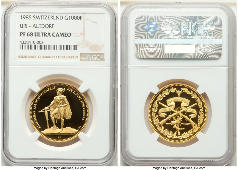 Confederation gold Proof "Uri - Altdorf" 1000 Francs 1985 PR68 Ultra Cameo NGC, ...