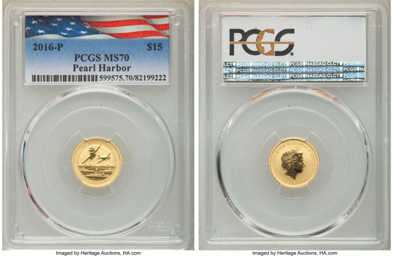 Elizabeth II gold "Pearl Harbor" 15 Dollars (1/10 oz) 2016-P MS70 PCGS, KM-Unl. ...