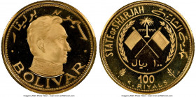 Sharjah. Khalid bin Muhammad al-Qasimi gold Proof "Simon Bolivar" 100 Riyals AH 1389 (1970) PR65 Ultra Cameo NGC, KM10. AGW 0.5998 oz. 

HID0980124201...