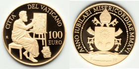 Pope Francis gold Proof "Saint Luke" 100 Euros 2016 UNC, KM-Unl. 35mm. 30 gm. Evangelists series. Mintage: 799. Captivating depiction of Saint Luke pa...