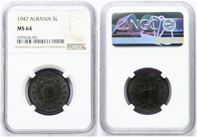 Albania 5 Leke 1947 Obverse: National Arms within 3/4 circle of stars. Reverse: ...