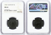 Albania 5 Leke 1947 Obverse: National Arms within 3/4 circle of stars. Reverse: Large value within circle of stars; date below. Edge Description: Plai...