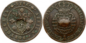 Angola 1 Macuta 1786 Maria I and Pedro III (1777-1786). Obverse: Crowned arms. Reverse: Denomination within laurel wreath. Countermarked. Copper. KM 2...