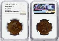 Argentina 2 Centavos 1890 Obverse: Flagged arms within wreath; 1/2 radiant sun above. Reverse: Capped liberty head left. Bronze. KM 33. NGC UNC DETAIL...