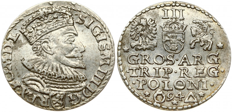 Poland 3 Groszy 1594 Malbork. Sigismund III Vasa (1587-1632). Obverse: Crowned b...