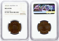 Austria 1 Kreuzer 1816 A Franz II (I)(1792-1835). Obverse: Crowned shield. Reverse: Value in German. Copper. KM 2113. NGC MS 64 BN