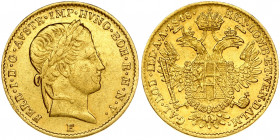 Austria 1 Ducat 1848E Ferdinand I (1835-1848). Obverse: Laureate portrait facing right. Reverse: Crowned imperial double eagle. Gold 3.45g. Small Scra...