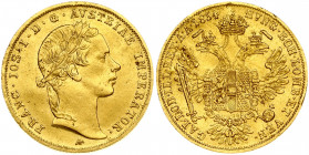 Austria 1 Ducat 1854A Franz Joseph I(1848-1916). Obverse: Laureate head right. Reverse: Crowned imperial double eagle. Gold 3.45g. Slight surface dama...