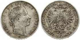 Austria 1 Florin 1858A Franz Joseph I(1848-1916). Obverse: Laureate head right. Reverse: Crowned imperial double eagle. Silver. KM 2219