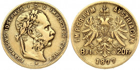 Austria 8 Florins-20 Francs 1877 Joseph I(1848-1916). Obverse: Laureate head right; heavy whiskers. Reverse: Crowned imperial double eagle divides den...