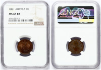 Austria 1 Kreuzer 1881 Franz Joseph I(1848-1916). Obverse: Small eagle. Reverse: Denomination and date within wreath. Copper. KM 2186. NGC MS 65 RB ON...