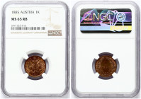 Austria 1 Kreuzer 1885 Franz Joseph I(1848-1916). Obverse: Large eagle. Reverse: Denomination and date within wreath. Copper. KM 2187. NGC MS 65 RB ON...