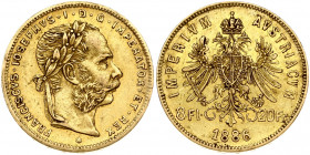 Austria 8 Florins-20 Francs 1886 Joseph I(1848-1916). Obverse: Laureate head right; heavy whiskers. Reverse: Crowned imperial double eagle divides den...