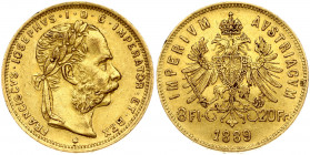 Austria 8 Florins-20 Francs 1889 Franz Joseph I(1848-1916). Obverse: Laureate head right; heavy whiskers. Reverse: Crowned imperial double eagle divid...
