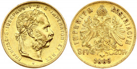 Austria 8 Florins-20 Francs 1889 Joseph I(1848-1916). Obverse: Laureate head right; heavy whiskers. Reverse: Crowned imperial double eagle divides den...