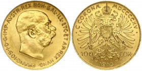 Austria 100 Corona 1915 Restrike. Franz Joseph I(1848-1916). Obverse: Head right. Obverse Designer: Stefan Schwartz. Reverse: Crowned double eagle; ta...