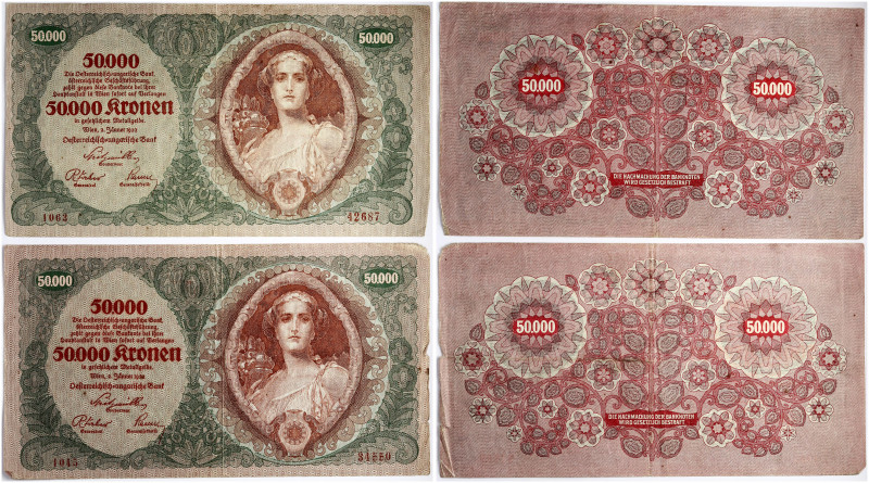 Austria 50 000 Kronen 1922 Banknotes. Obverse: Right portrait of a woman; orname...