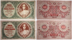 Austria 50 000 Kronen 1922 Banknotes. Obverse: Right portrait of a woman; ornamentation. Reverse: Value and floral ornaments. P# 80. Lot of 2 Banknote...