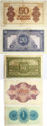 Austria 1 - 50 Schilling 1944 Banknotes. Obverse: Laurel leaves behind. Reverse: Value three times in guilloche frames. P# 103-109. Lot of 5 Banknotes...