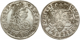 Poland 6 Groszy 1667 TLB Bydgoszcz. John II Casimir Vasa (1649–1668). Obverse: Crowned bust right in linear circle. Reverse: Crown above three shields...