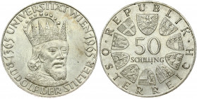 Austria 50 Schilling 1965 600th Anniversary of the Vienna University. Obverse: Value within circle of shields. Reverse: Crowned head of Duke Rudolf IV...