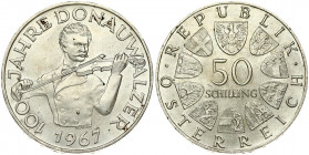 Austria 50 Schilling 1967 Centennial of the Blue Danube Waltz. Obverse: Value within circle of shields. Reverse: Johann Strauss the Younger; playing t...