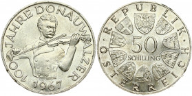 Austria 50 Schilling 1967 100th Anniversary of the Blue Danube Waltz. Obverse: Value within circle of shields. Reverse: Johann Strauss the Younger; pl...