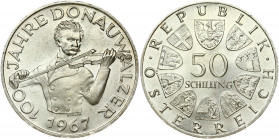 Austria 50 Schilling 1967 100th Anniversary of the Blue Danube Waltz. Obverse: Value within circle of shields. Reverse: Johann Strauss the Younger; pl...