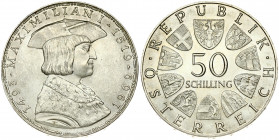 Austria 50 Schilling 1969 450th Anniversary - Death of Maximilian I. Obverse: Value within circle of shields. Reverse: Bust of Maximillian I with hat;...