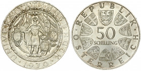 Austria 50 Schilling 1970 300th Anniversary - Innsbruck University. Obverse: Value within circle of shields. Reverse: 1673 University seal; date at bo...
